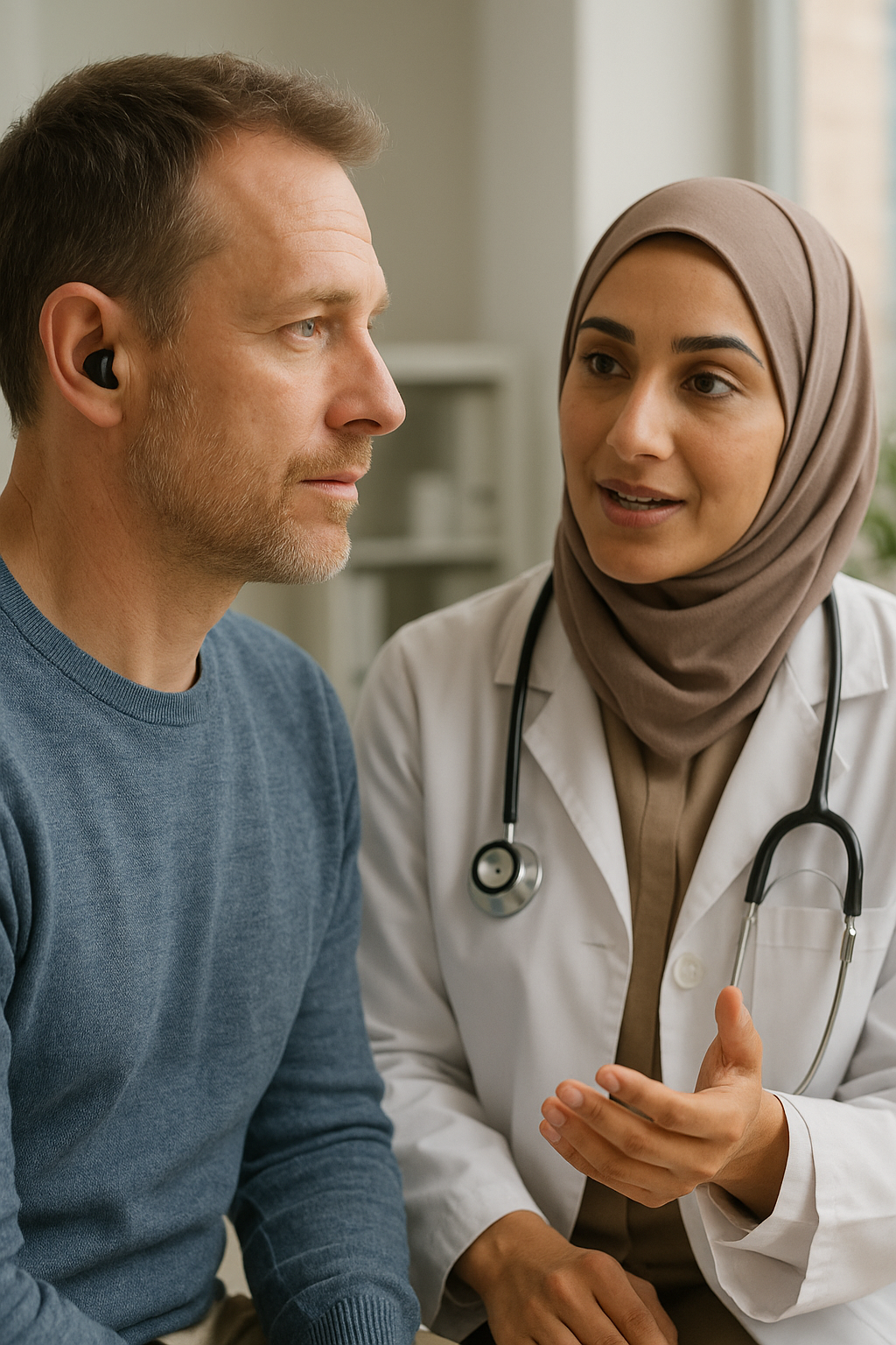 Médica hablando con un paciente que lleva un auricular