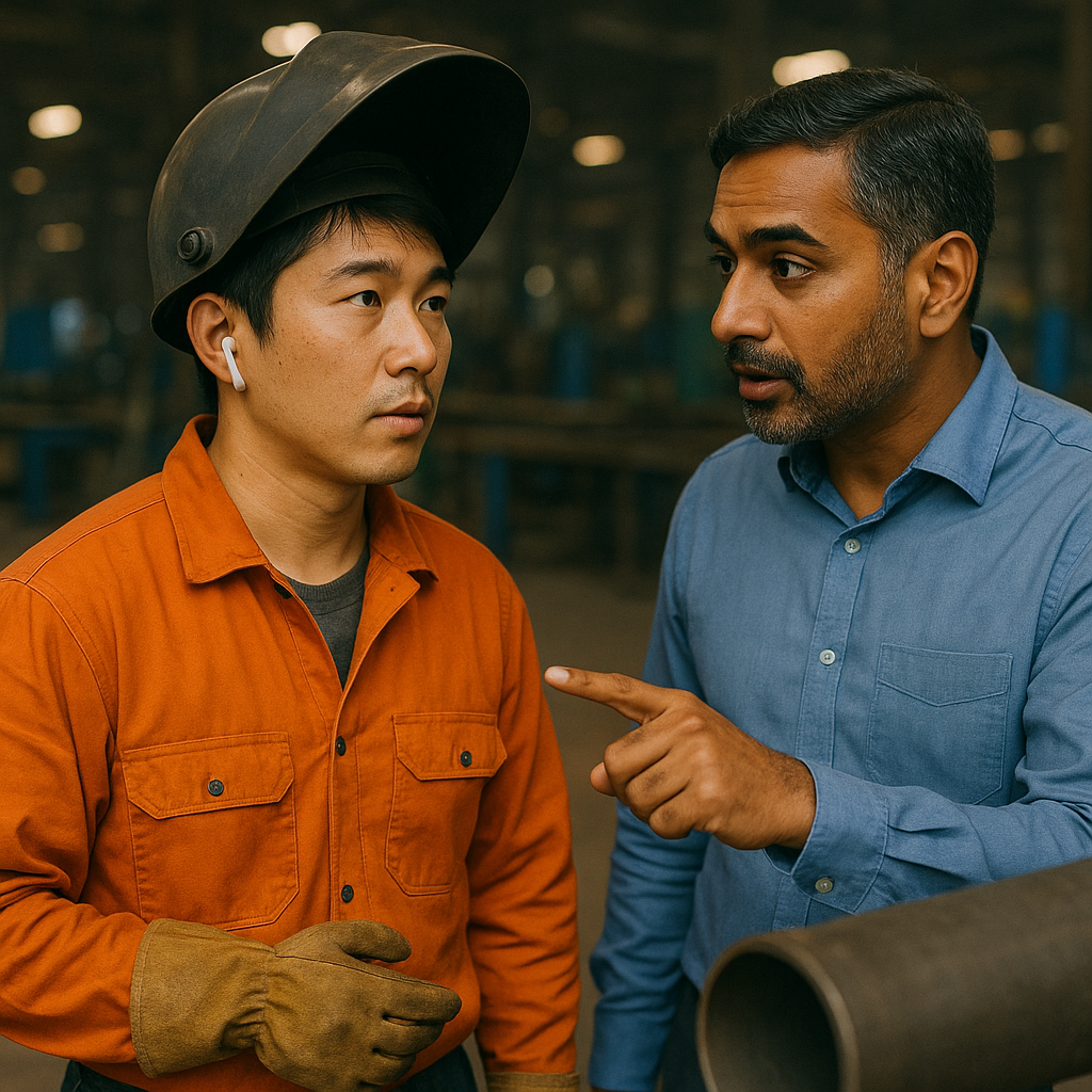 Trabajador industrial con auricular escuchando a un compañero