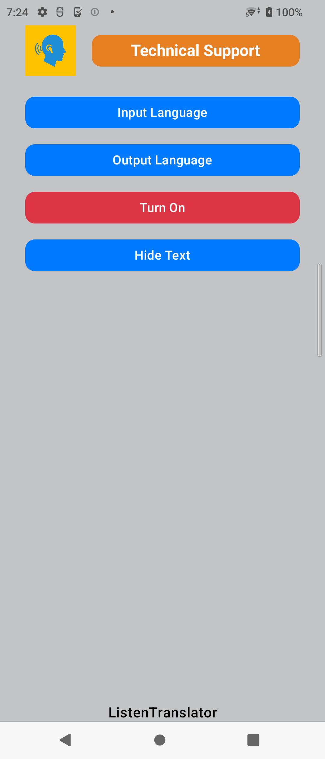 Pantalla principal de ListenTranslator con controles de idioma y activación