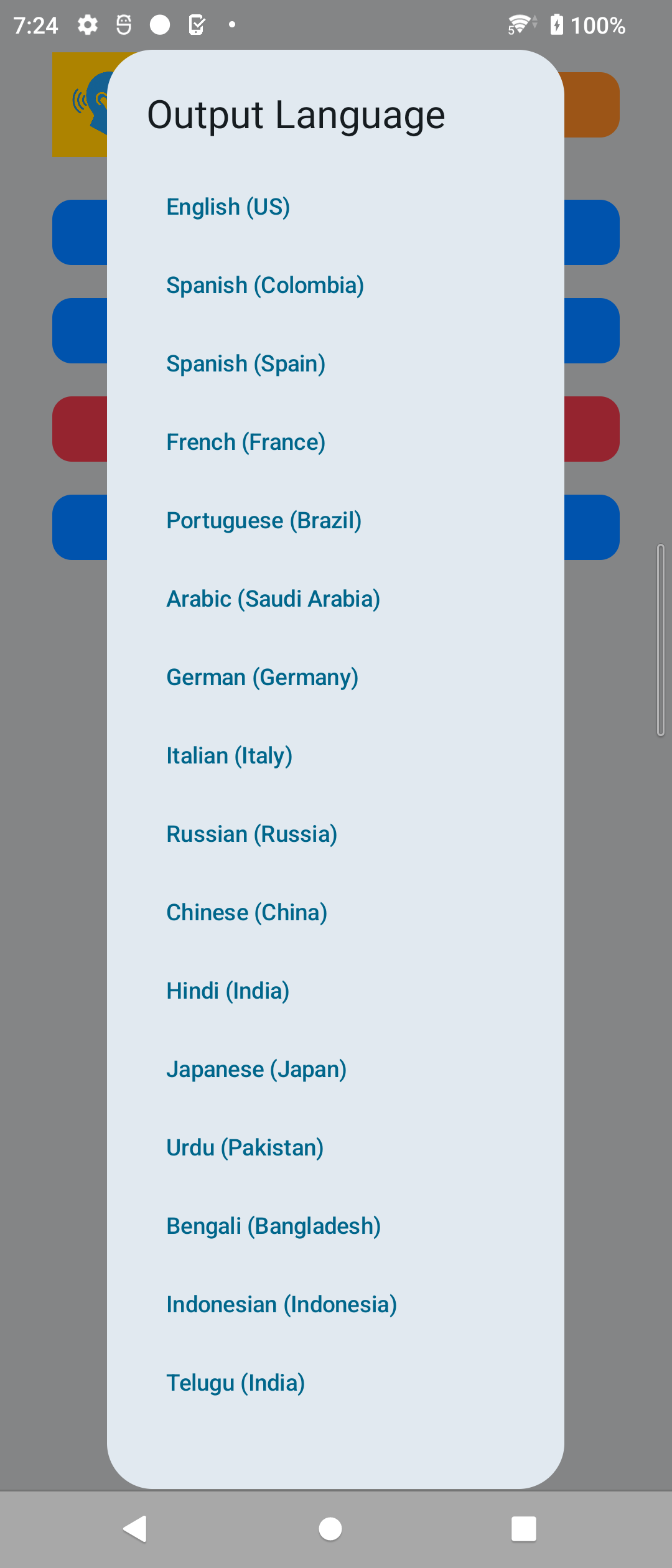 Lista de selección de idioma de salida en ListenTranslator