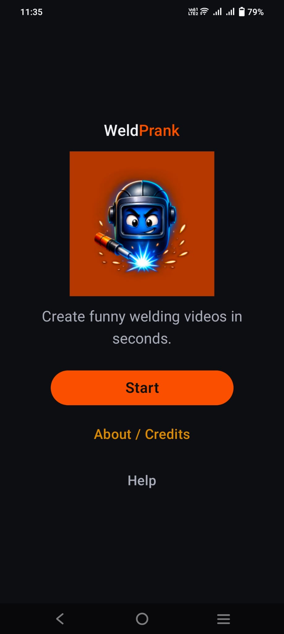 Capture d’écran de l’interface WeldPrank en anglais : écran d’accueil avec le bouton Start et le logo