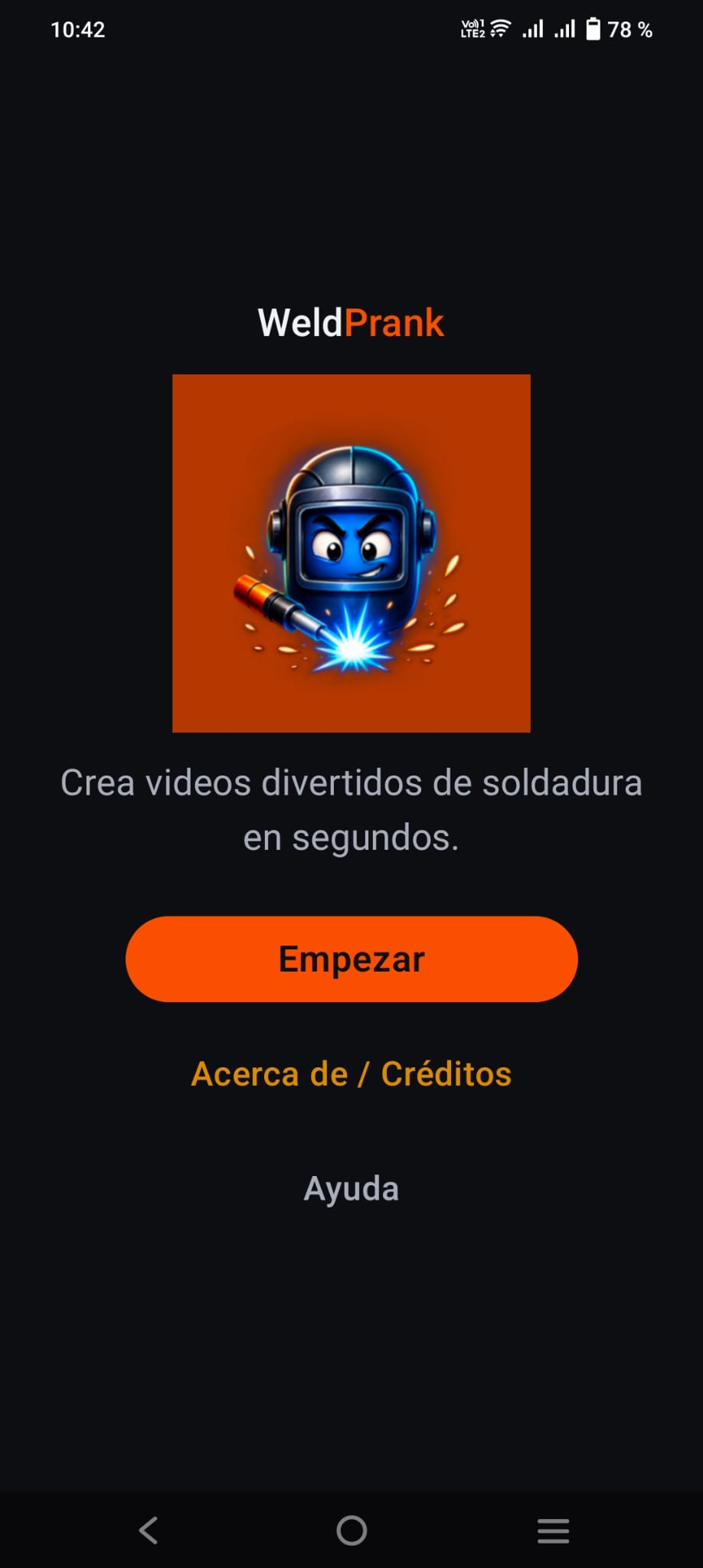Pantalla de inicio de WeldPrank con el botón Start y el logo de la app