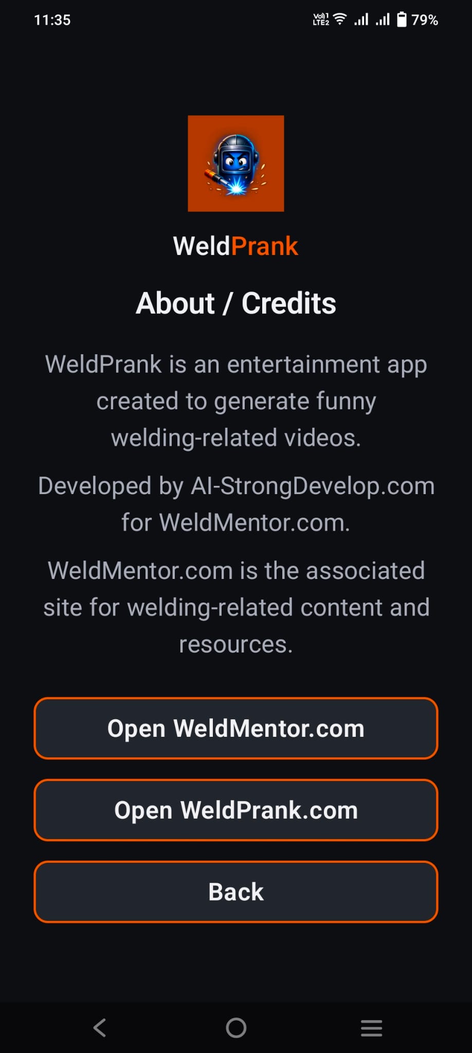 Capture d’écran de l’interface WeldPrank en anglais : écran About / Credits avec le logo et des boutons orange