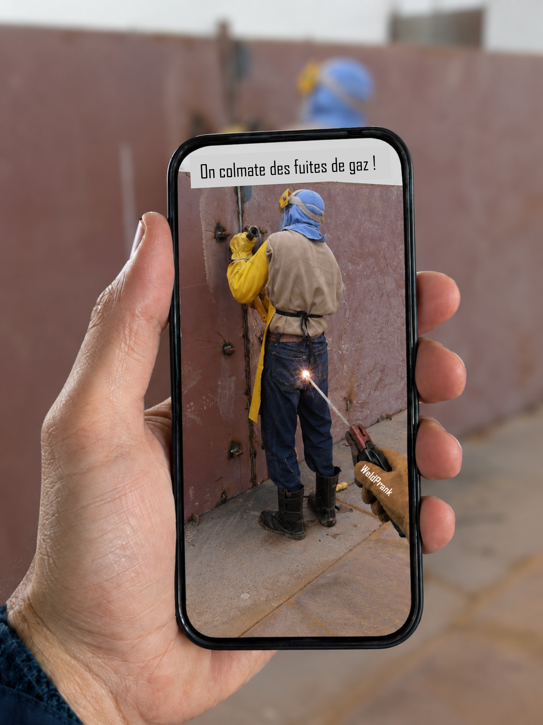 Main tenant un téléphone qui montre une vidéo WeldPrank d’un soudeur, avec la légende On colmate des fuites de gaz !